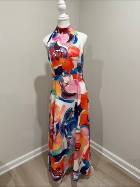 Tahari Multicolor Halter style front Floral Watercolor Maxi Dress